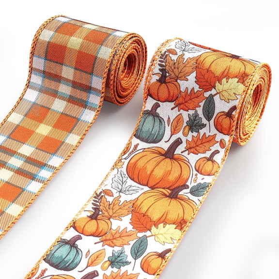 Hying 2Rolls Fall Pumpkin Ribbons for Wreath Bow,2.5"×10Yds Thanksgiving Wired Edge Ribbon
