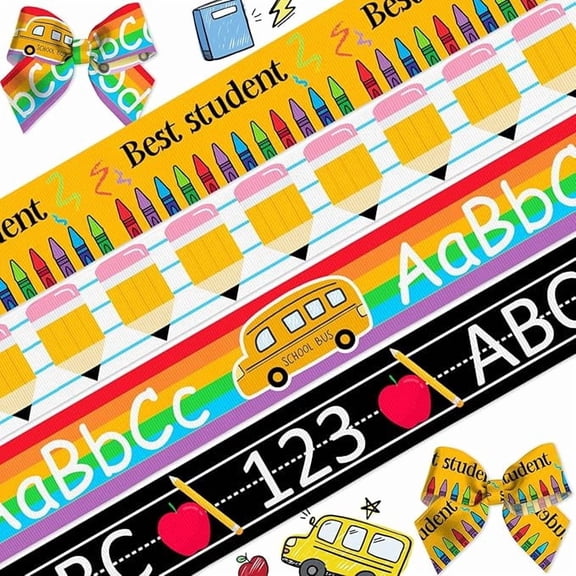 Hying 4Rolls 3/8"Back to School Ribbons Pencil ABC School Theme Ribbon for Wrapping Gift 20 Yd