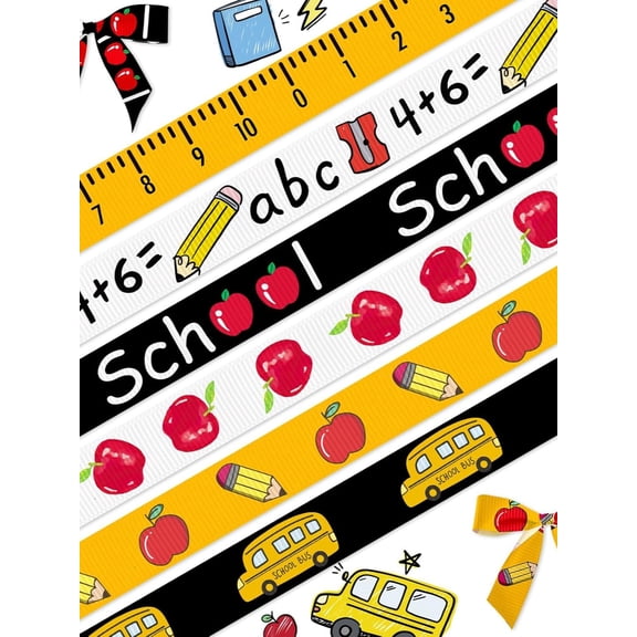 Hying 6Rolls 3/8" Back to School Ribbons Pencil School Theme Ribbons for Wrapping Gift 15Yd
