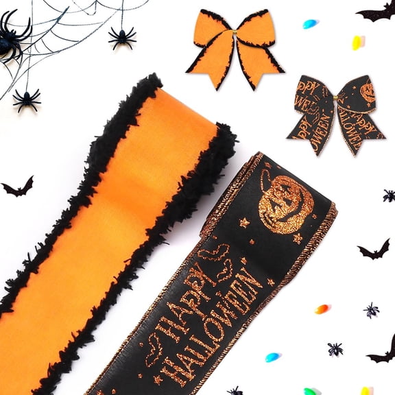 Hying 2 Rolls Halloween Pumpkin Ribbons-Wired Edge Burlap Glitter Pumpkins for Wreath Bows 2.5"x 5Yds