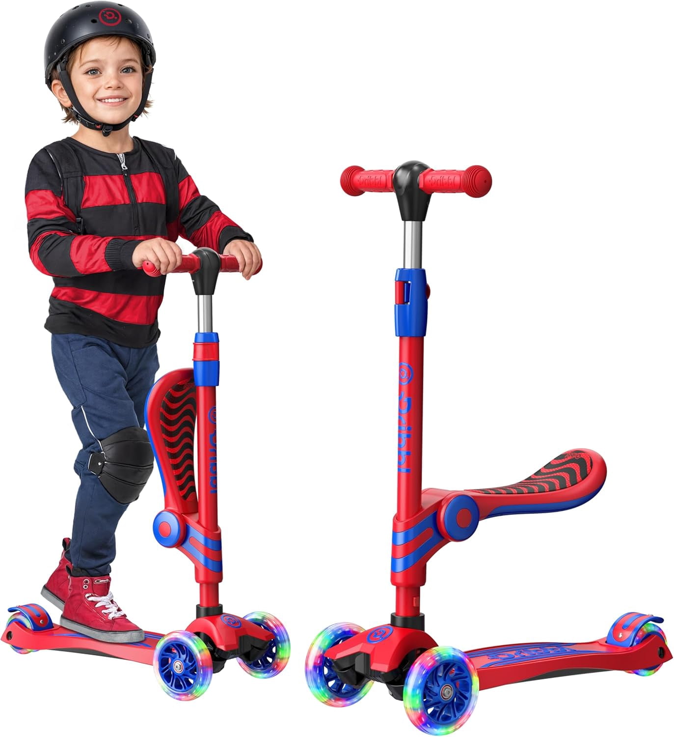 Dribbl 3-Wheel Kids Scooter with Seat, Light-Up Wheels, Adjustable Handlebar, Wide Deck & Rear Brake, Ages 2+