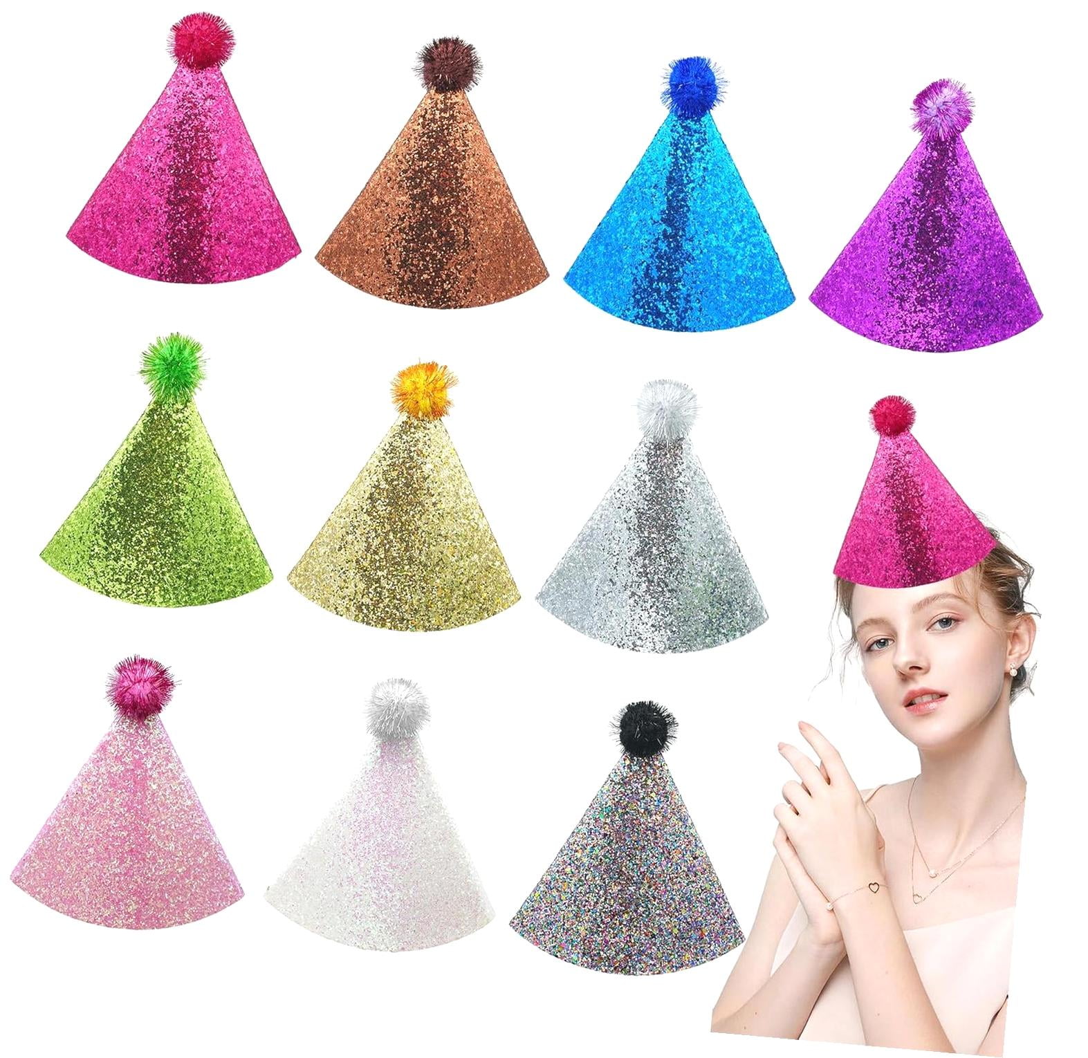 Hyjoy 10 Pcs Party Hats with Pom Poms Glitter Cone Hat for Adults Stuffed Animals Toys