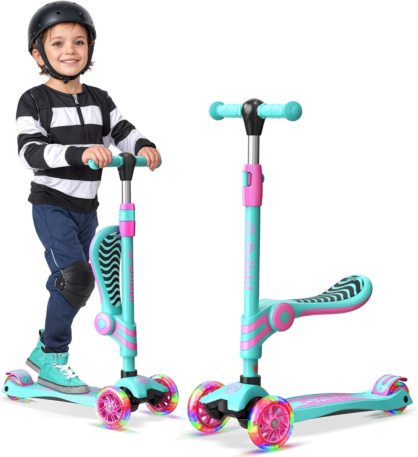 Dribbl 3-Wheel Kids Scooter with Seat, Light-Up Wheels, Adjustable Handlebar, Wide Deck & Rear Brake, Ages 2+