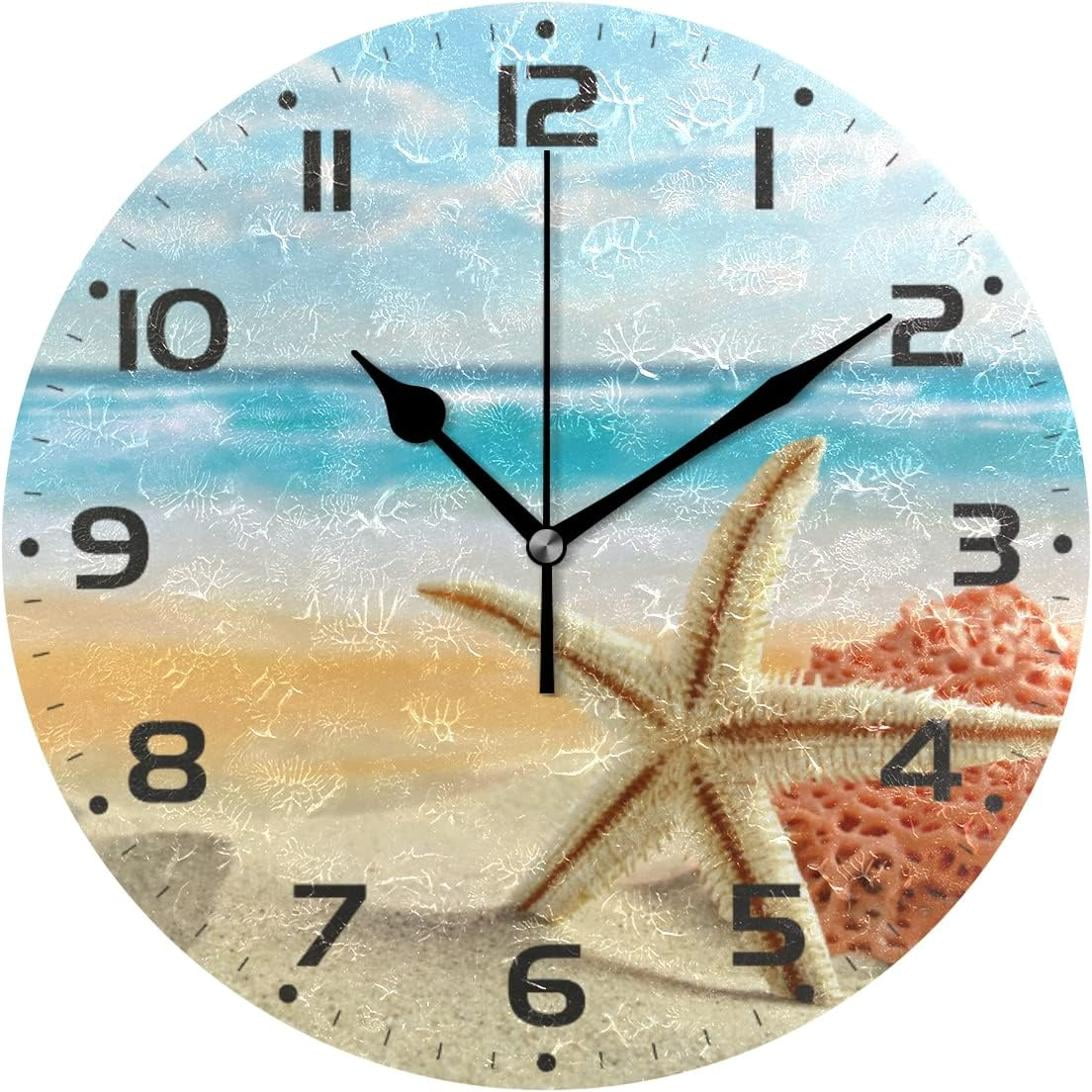 Hyjoy 10in Tropical Beach Wall Clock Silent Non Ticking Round Clock Oil