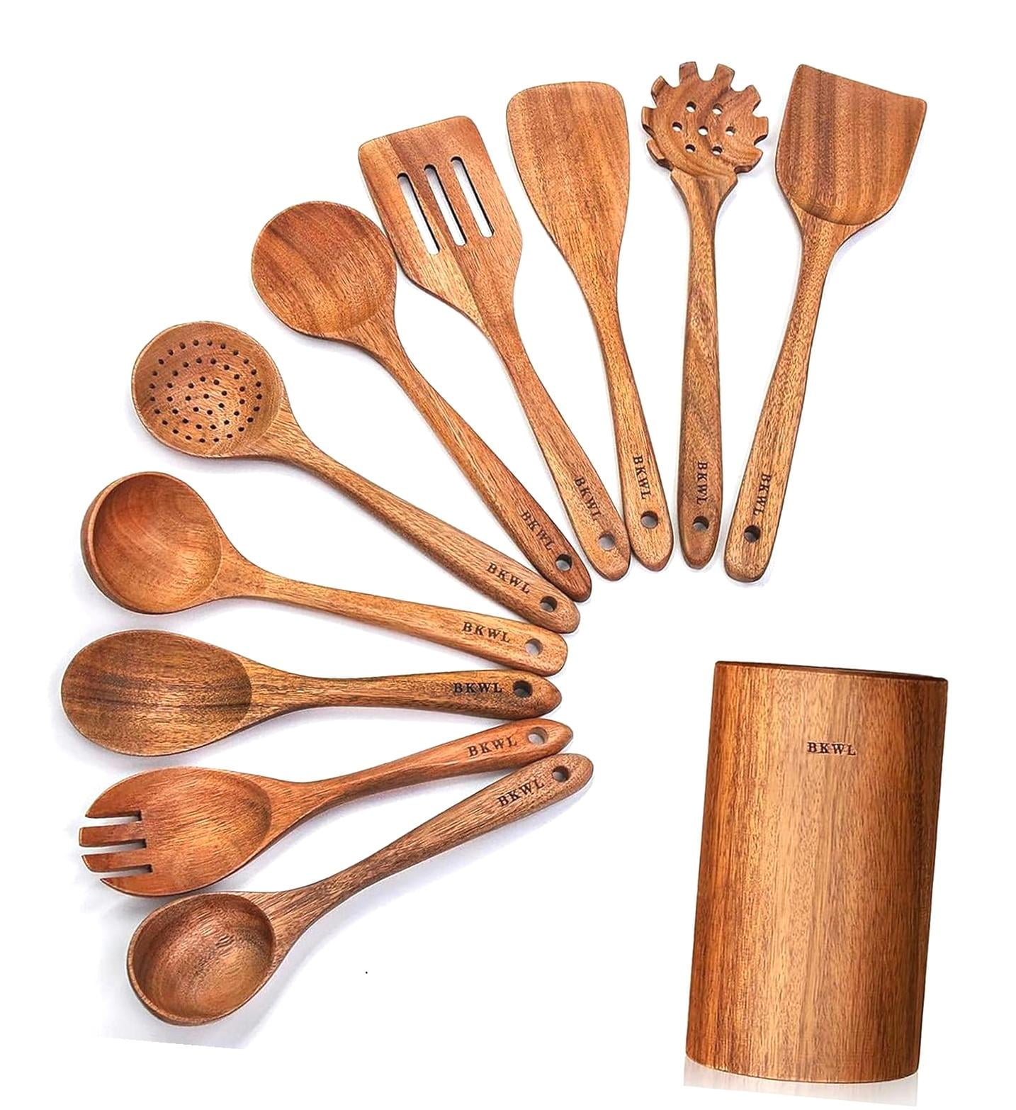 Hyjoy 11 Pcs Wooden Kitchen Utensil Set with Holder, Wooden Spoons for ...
