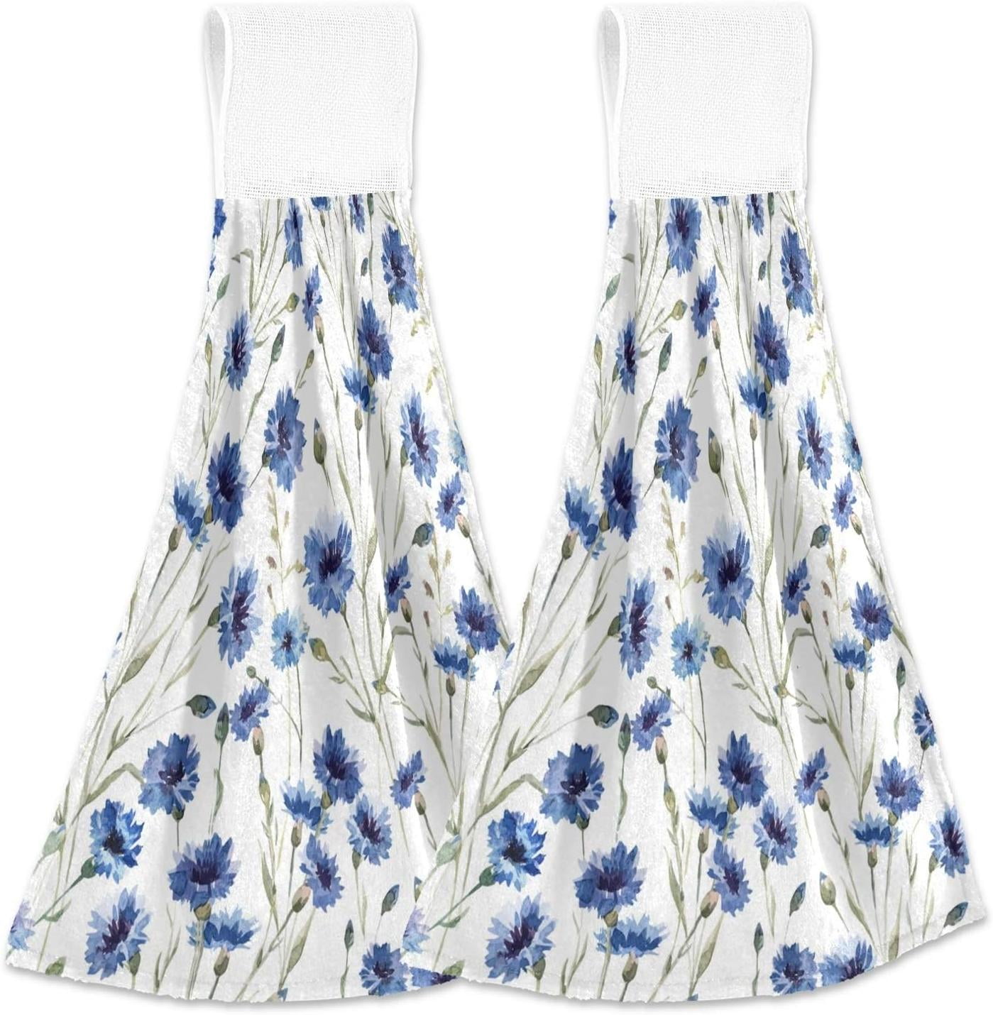 Hyjoy 2 Pack Absorbent Hand Towels,Flowers Cornflowers Bathroom Hand Towels with Hanging Loop ...