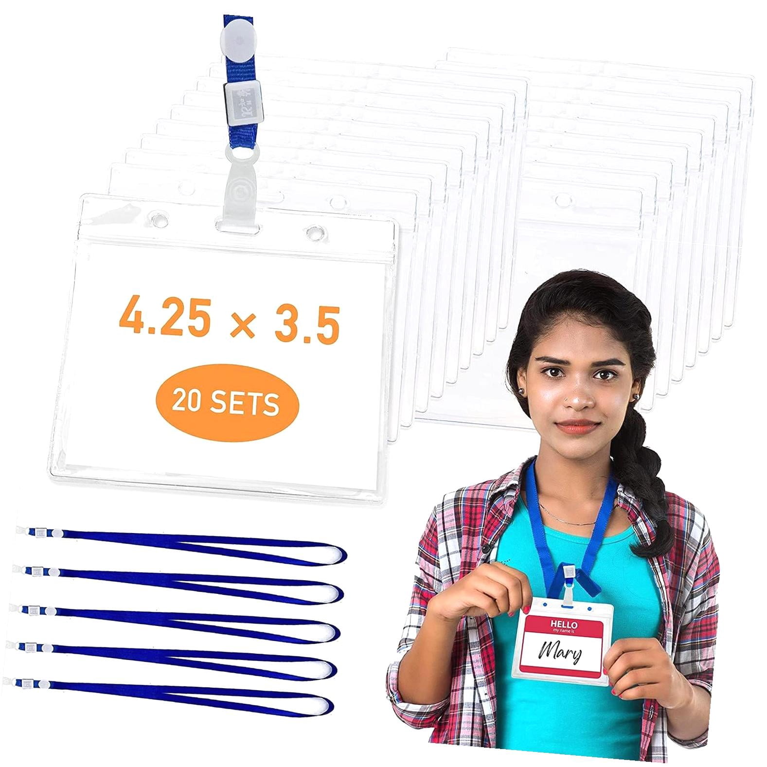 Set Of 20 Clear PVC ID Badge Holders With Lanyards – Horizontal 4.25x3.5 Inch, Waterproof, Zipper Top