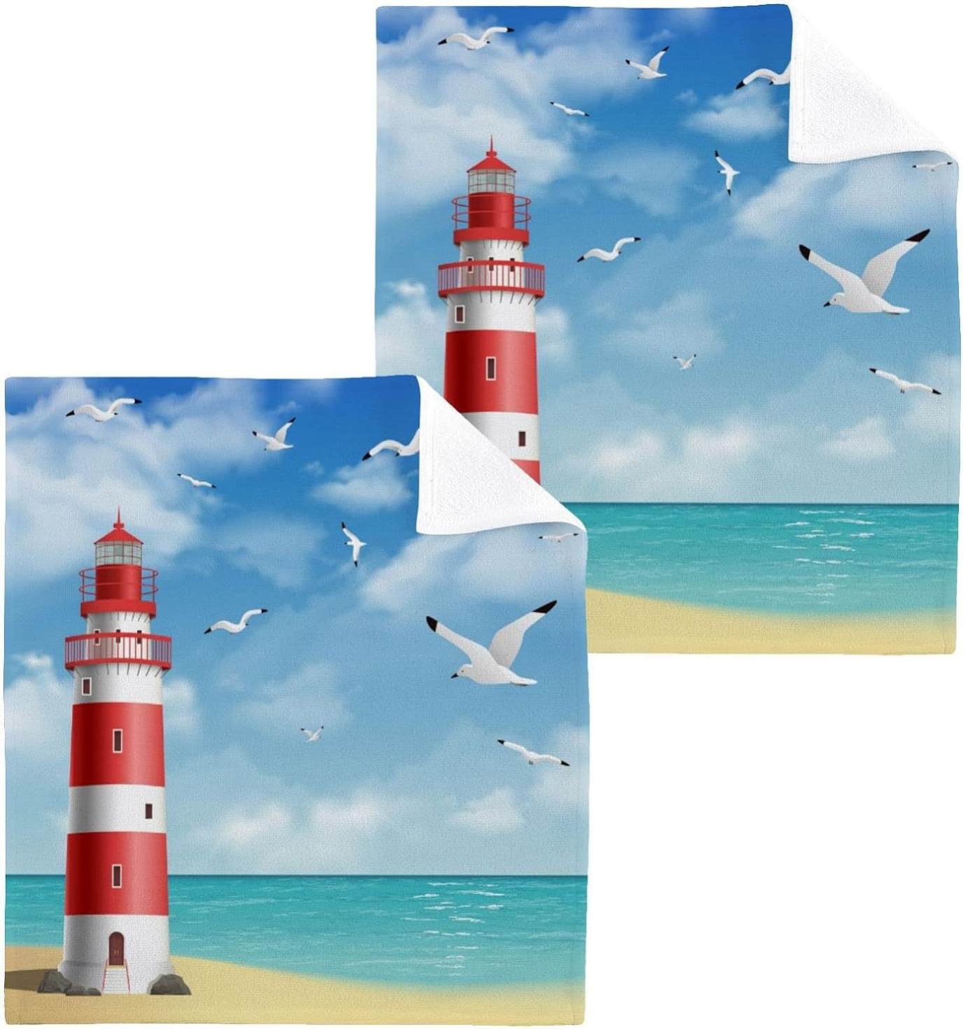 Hyjoy 2PCS Lighthouse Sea Beach Towels Cotton Washcloths Set,Quick