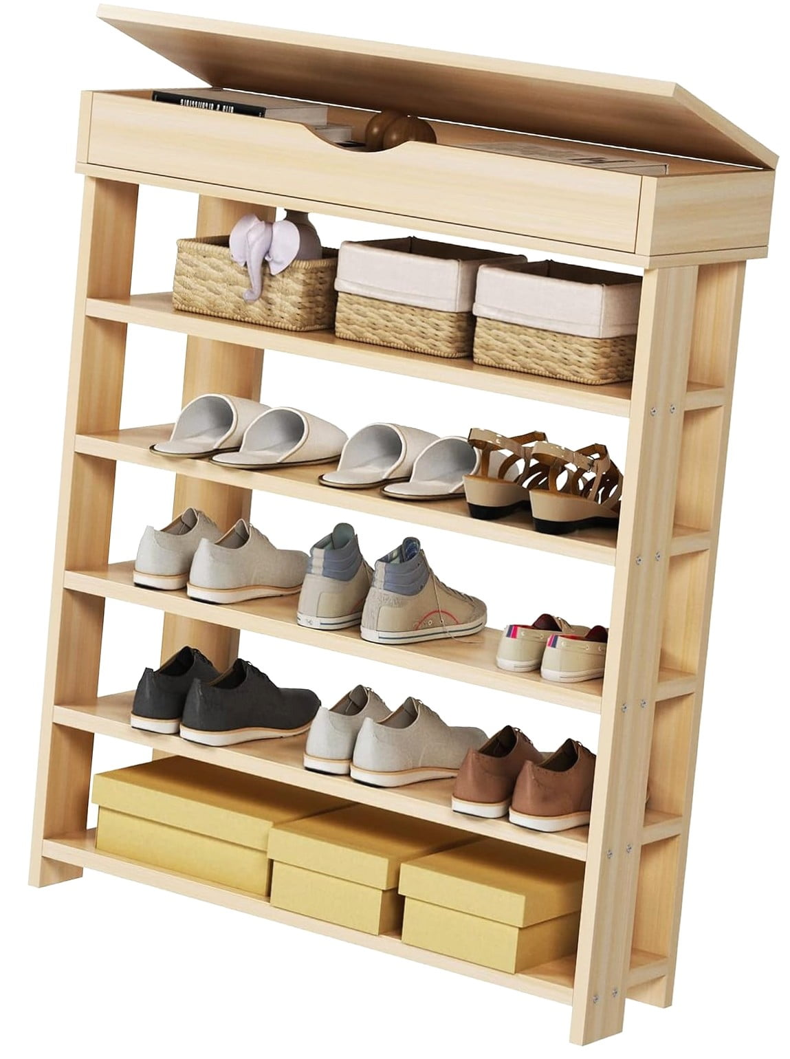 Hyjoy 5-Tier Wooden Shoes Rack with Storage Compartment, Free Standing ...