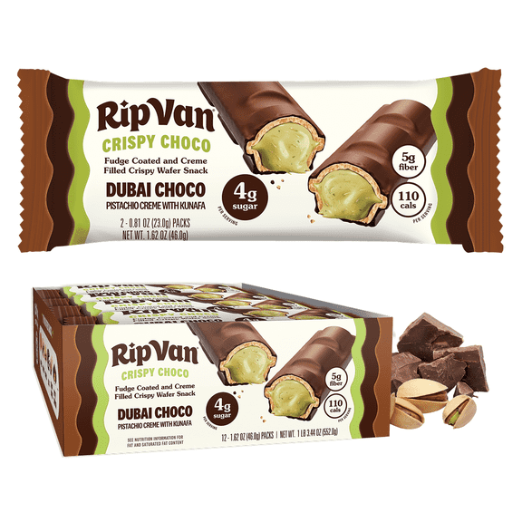 Rip Van Dubai Chocolate Bar Crispy Choco – Healthy Snack with Creamy Pistachio & Toasted Kunafa – Dubai Choco Flavor – 4g Sugar, 5g Fiber – Guilt-Free Indulgence – 12 Pack