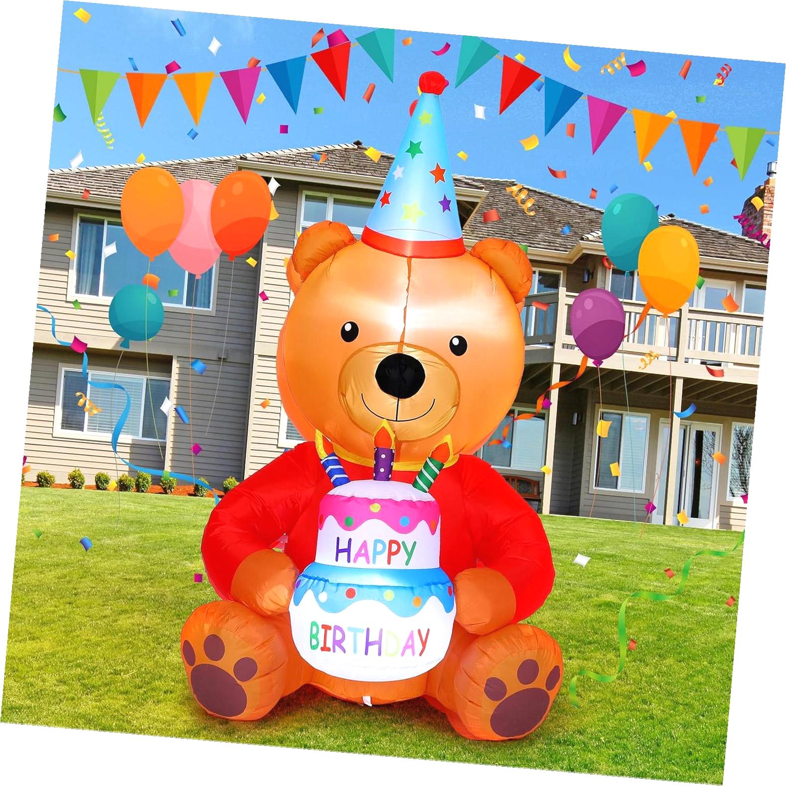 Hyjoy 6 ft Inflatable Birthday with Cake and Hat Decorations Lighted ...