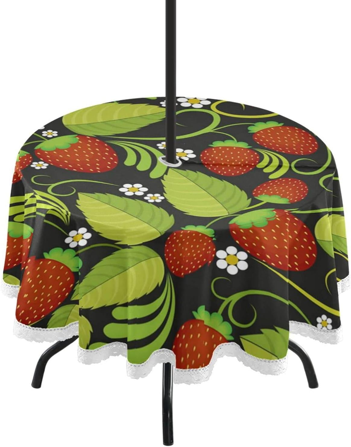 Hyjoy 60" Strawberry Pattern Round Tablecloth with Zipper Umbrella Hole