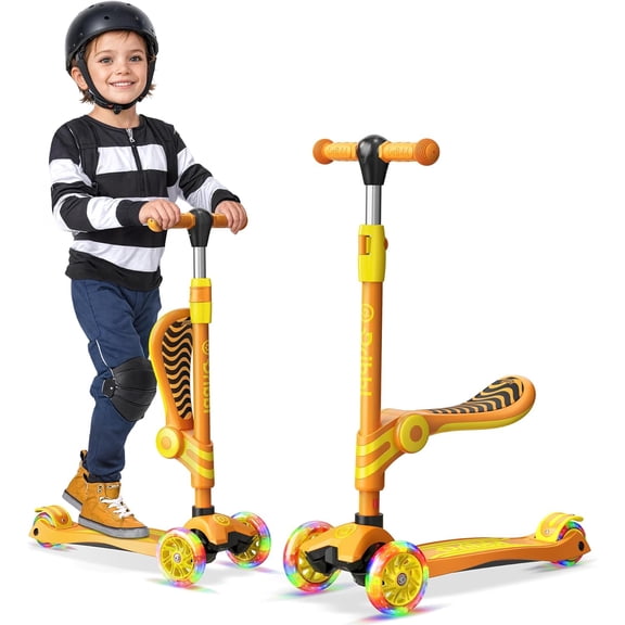 Dribbl 3-Wheel Kids Scooter with Seat, Light-Up Wheels, Adjustable Handlebar, Wide Deck & Rear Brake, Ages 2+