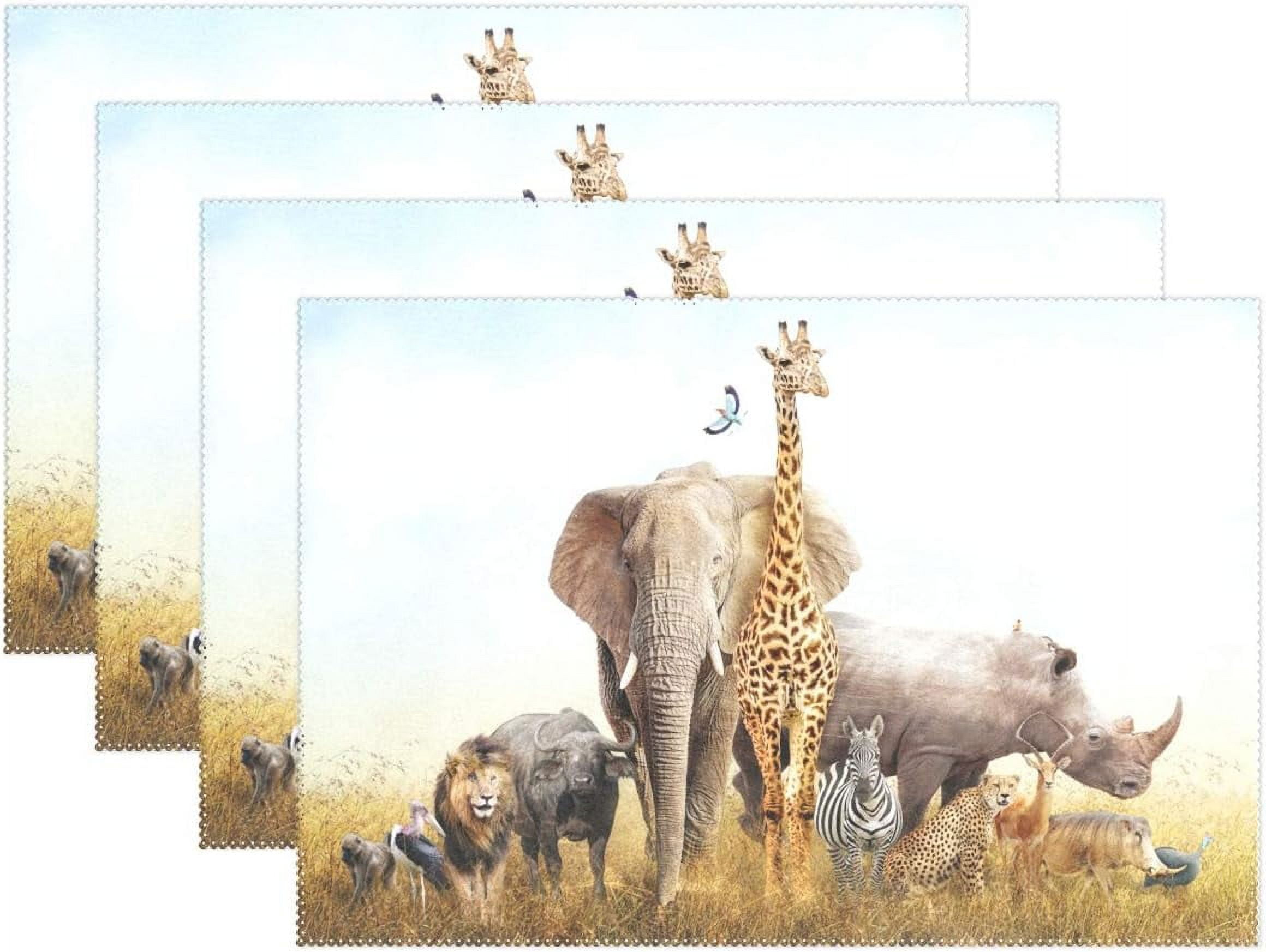 Hyjoy African Safari Animals Elephant Lion Placemats Set of 6, Washable