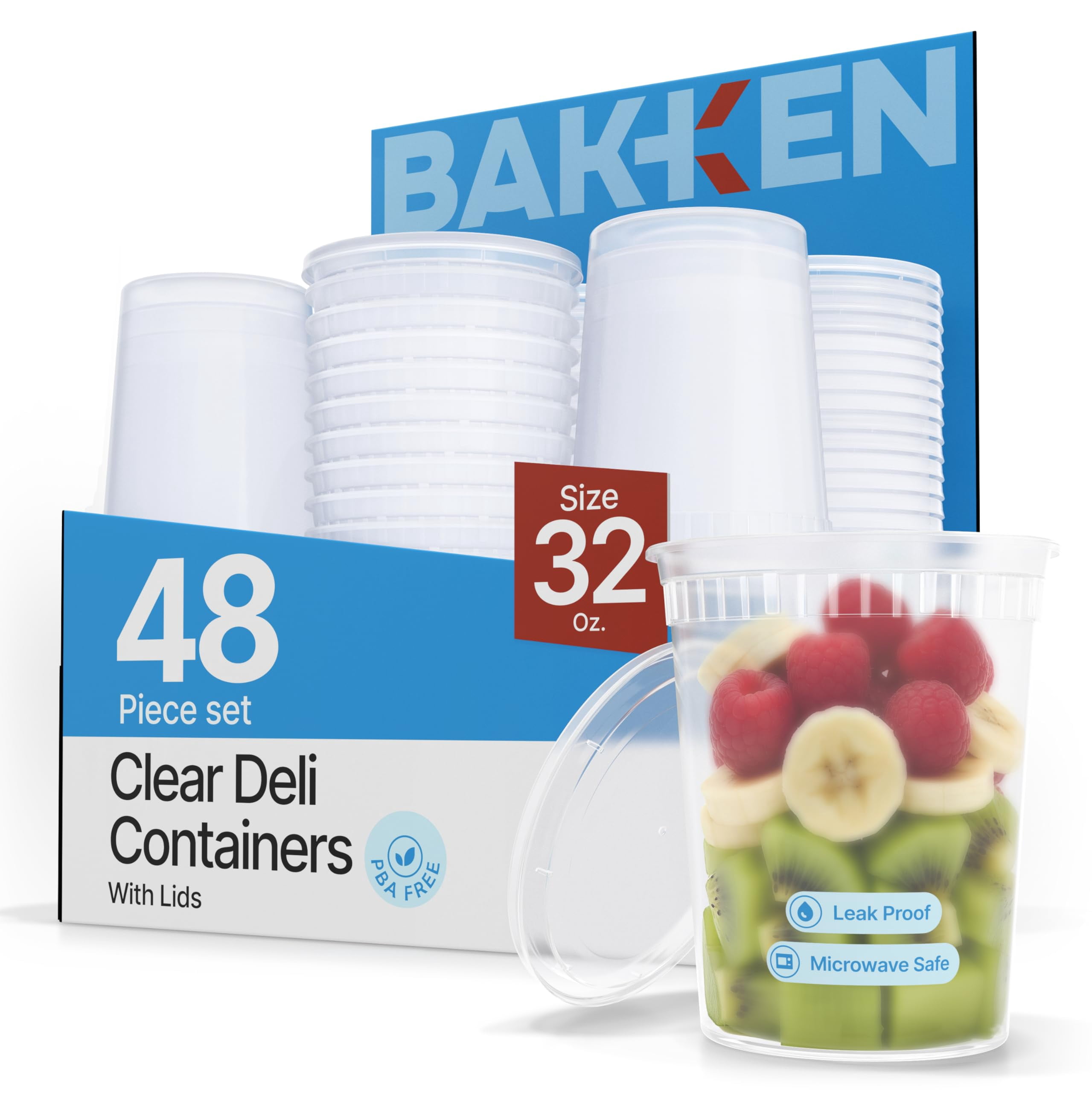Bakken Plastic Deli Containers with Lids 32oz - 96 Pack, Leak-Proof Food Storage