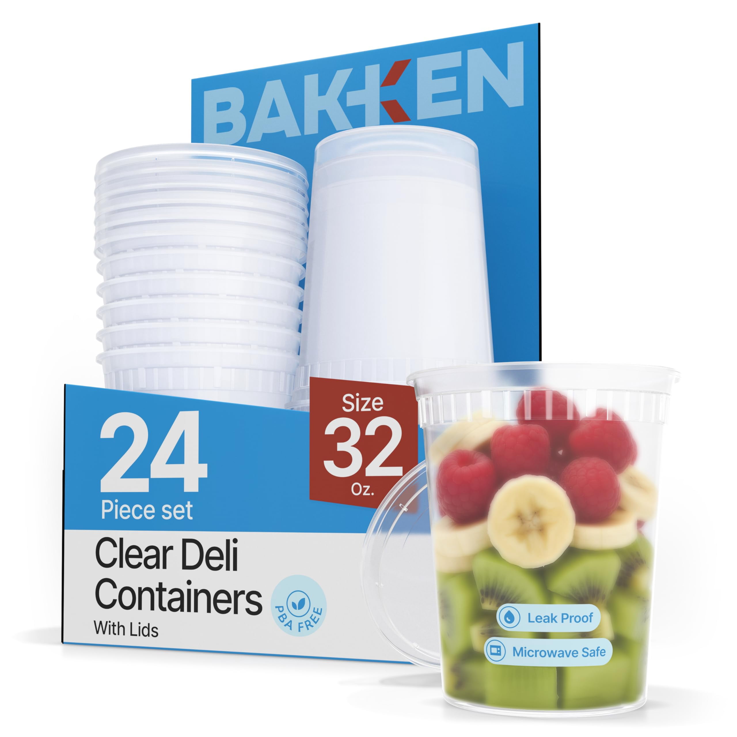 Bakken Plastic Deli Containers with Lids 32oz (24 Pack), Leak-Proof Food Storage for Soup, Meal Prep & Slime, Stackable, Freezer & Microwave Safe