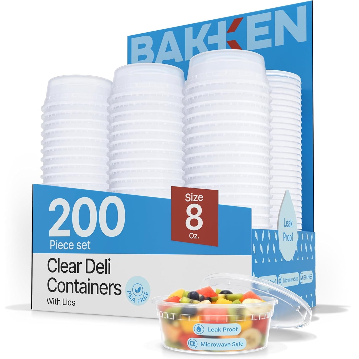 Bakken Plastic Deli Containers with Lids 8oz (200 Pack), Leak-Proof Food Storage for Soup, Meal Prep & Slime, Stackable, Freezer & Microwave Safe