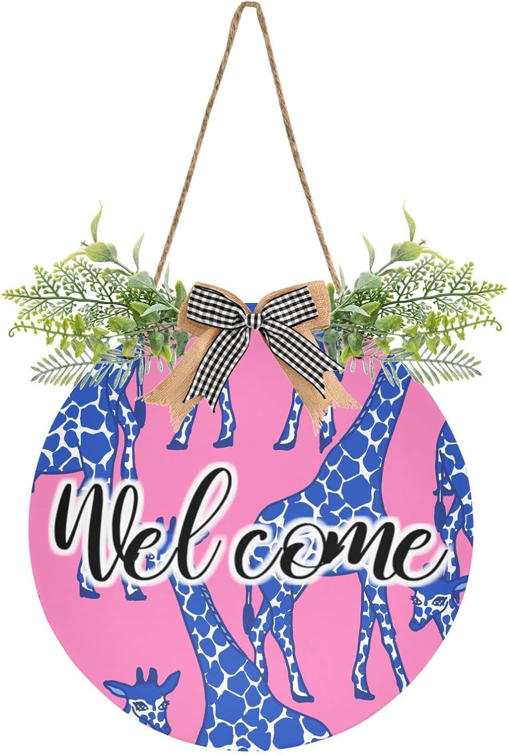Hyjoy Blue Giraffe Front Door Round Decor,Hanging Welcome Sign,Front