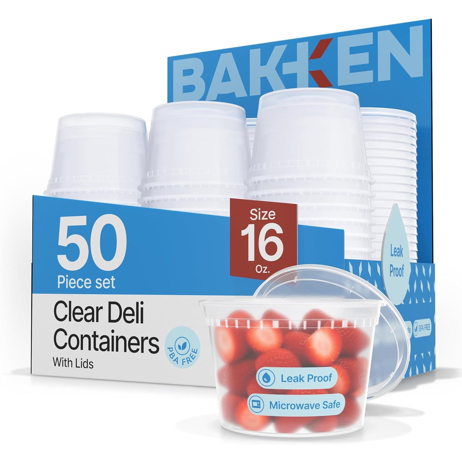 Bakken Plastic Deli Containers with Lids 16oz (50 Pack), Leak-Proof Food Storage for Soup, Meal Prep & Slime, Stackable, Freezer & Microwave Safe