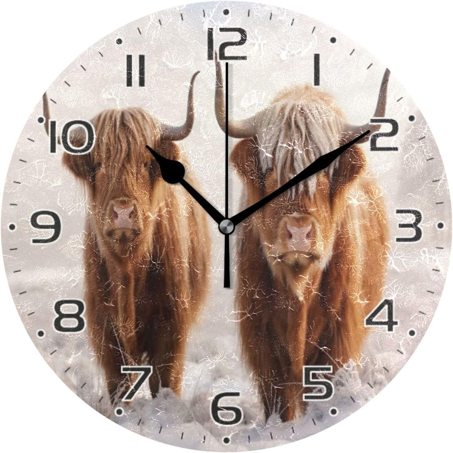 Hyjoy Highland Cow Clock Silent Round Wall Clock Non Ticking Battery