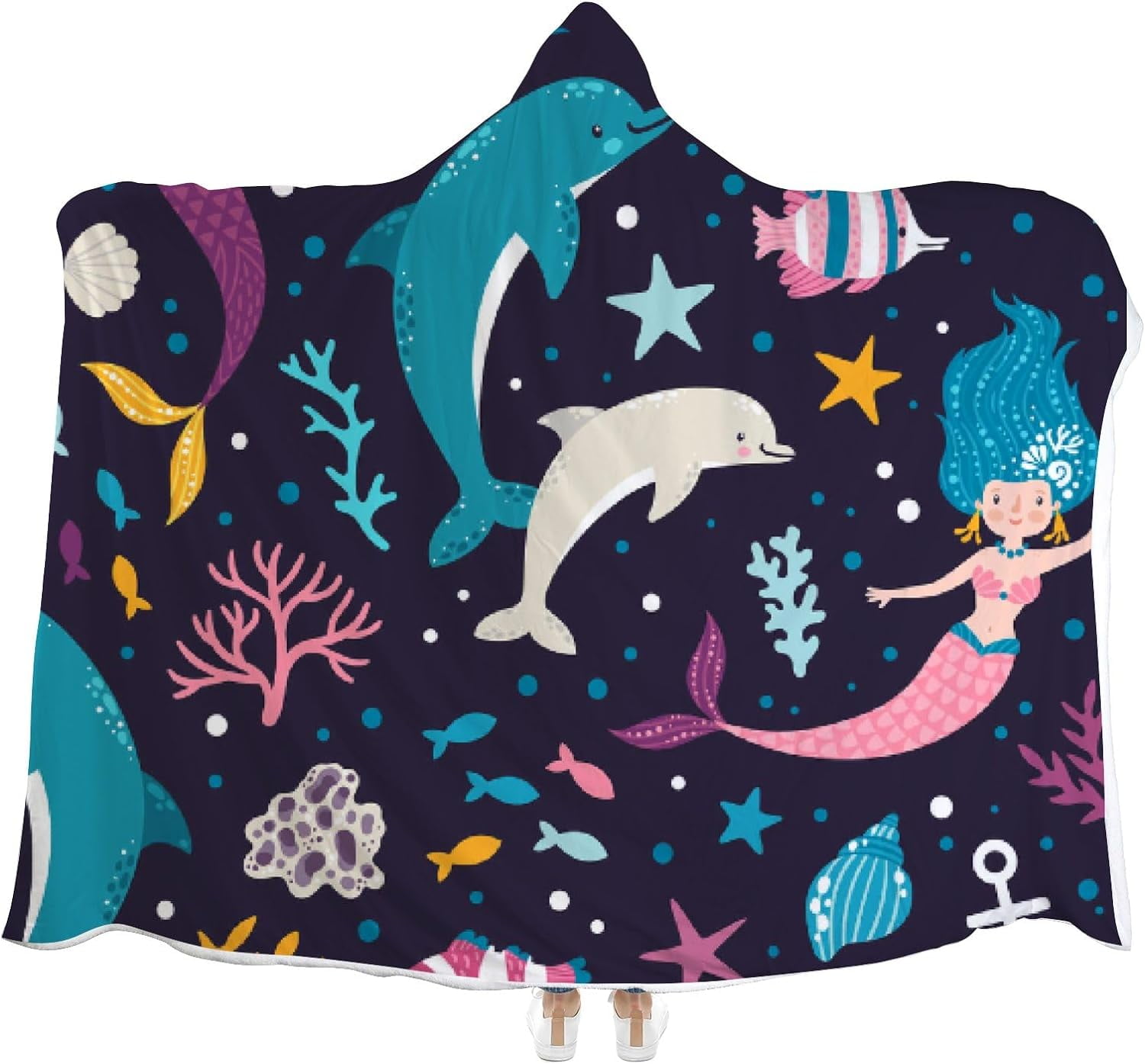Hyjoy Hooded Blanket Cute Mermaids Dolphins Seaweeds Fish Wearable