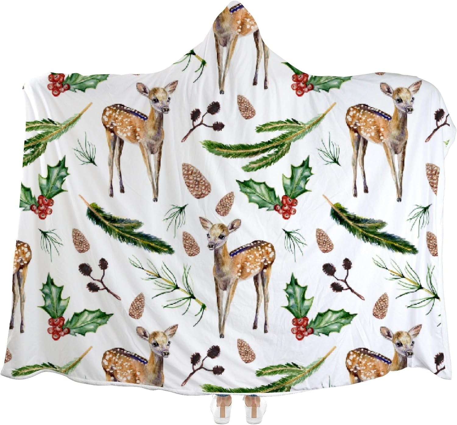 Hyjoy Hooded Blanket Deer Bullfinch Holly Coniferous Branches