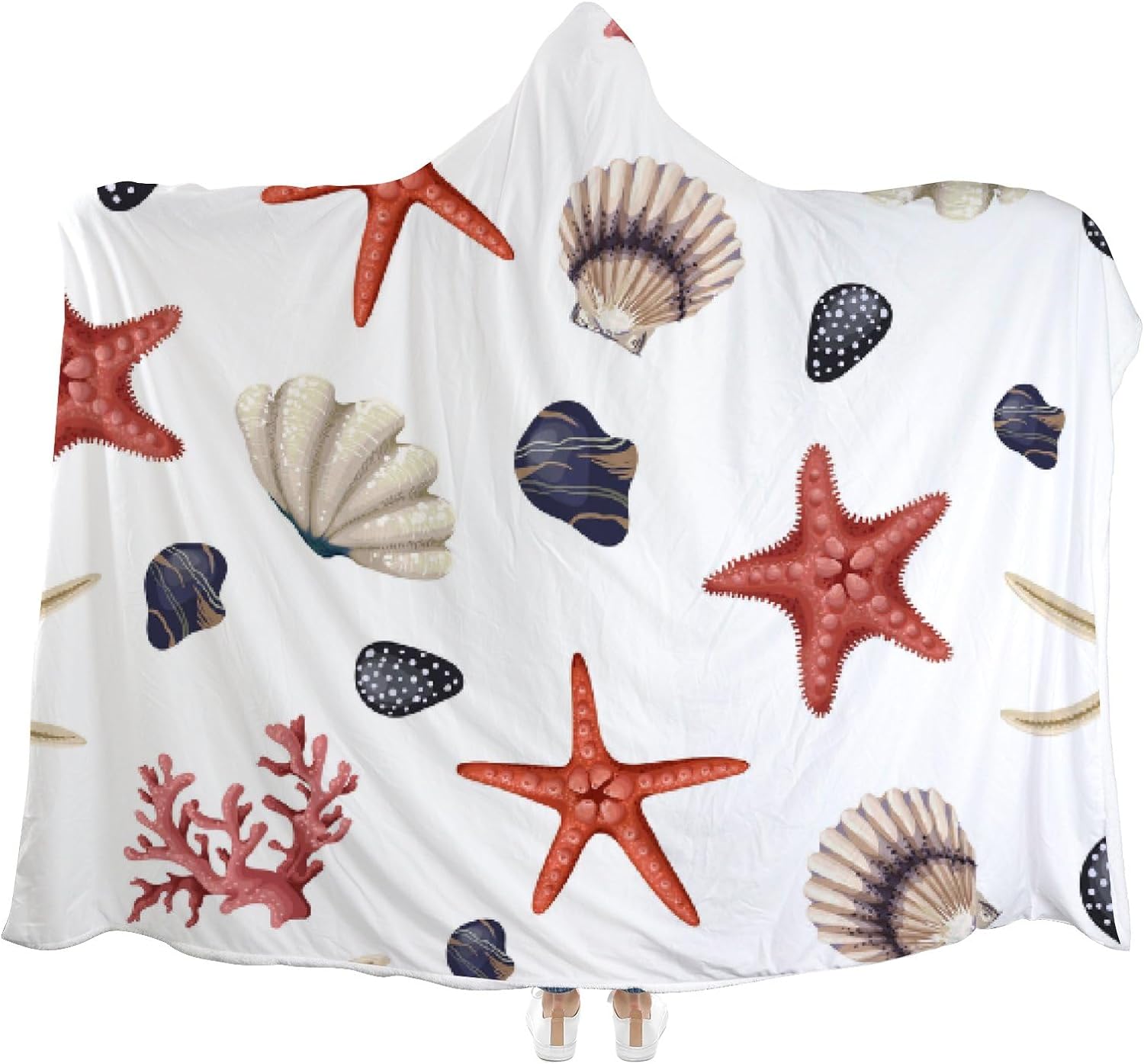 Hyjoy Hooded Blanket Red Starfish Shells Coral Wearable Soft Fleece