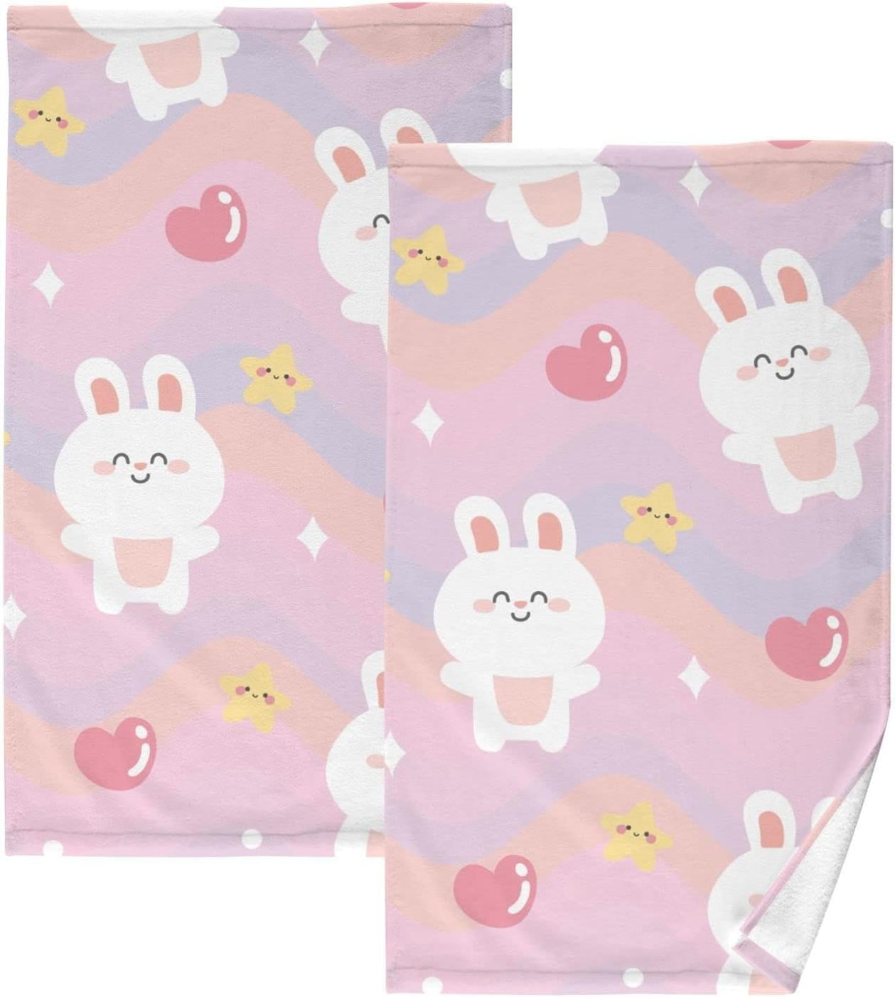 Hyjoy Kawaii Rabbits Hand Towels Set of 2, Cotton Bath Towel for Drying