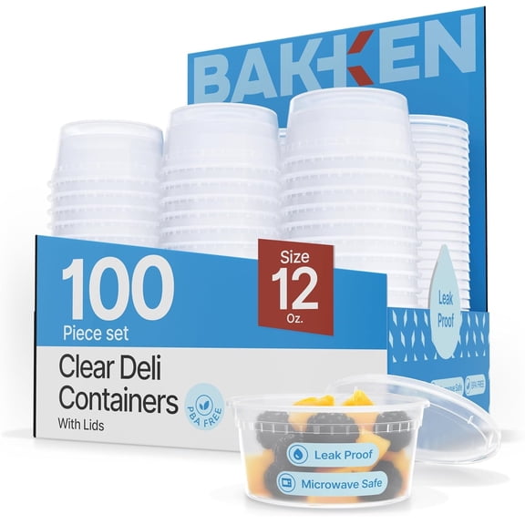 Bakken Plastic Deli Containers with Lids 12oz (100 Pack), Leak-Proof Food Storage for Soup, Meal Prep & Slime, Stackable, Freezer & Microwave Safe