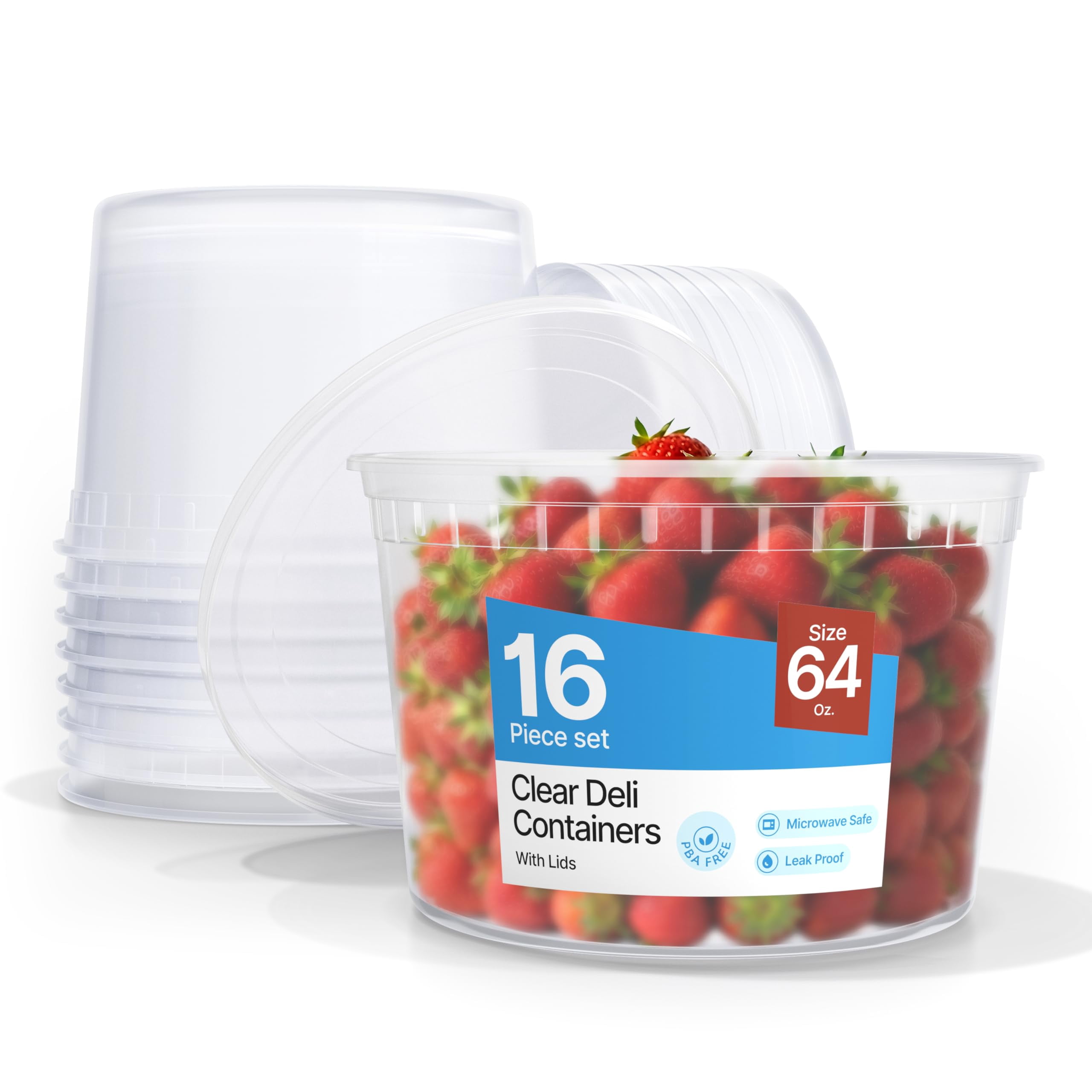 Bakken Plastic Deli Containers with Lids 64oz, Leak-Proof Food Storage, Freezer & Microwave Safe, 16 Pack