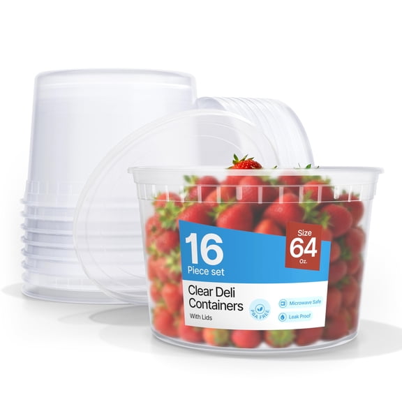 BAKKEN Plastic Deli Containers with Lids 64oz, Leak-Proof Food Storage, Freezer & Microwave Safe, 8 Pack