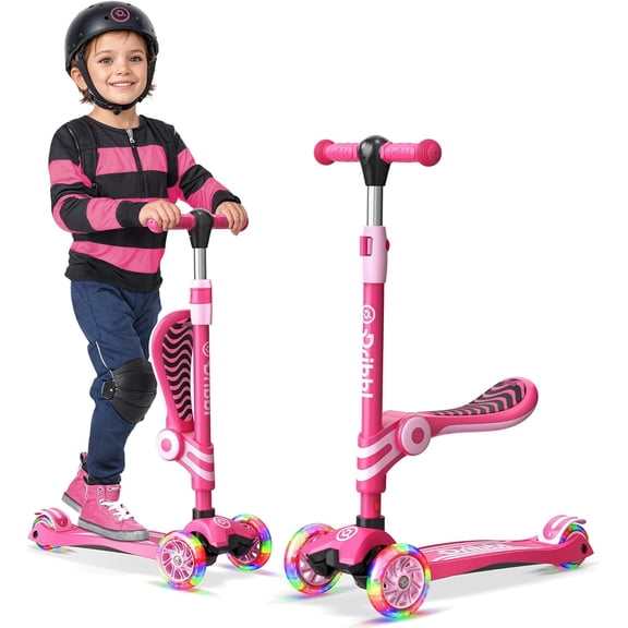 Dribbl 3-Wheel Kids Scooter with Seat, Light-Up Wheels, Adjustable Handlebar, Wide Deck & Rear Brake, Ages 2+