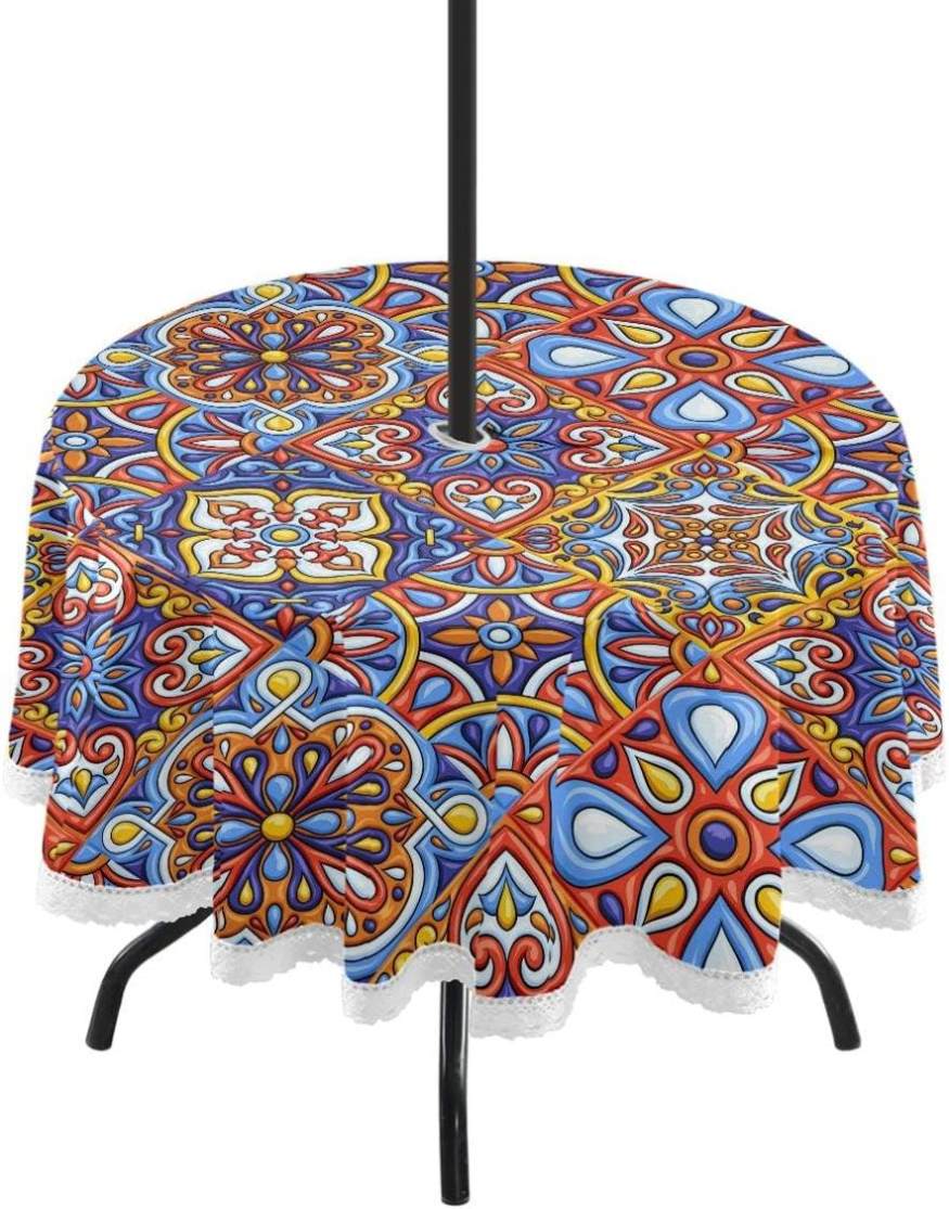 Hyjoy Mexican Talavera Outdoor Tablecloth with Umbrella Hole and Zipper
