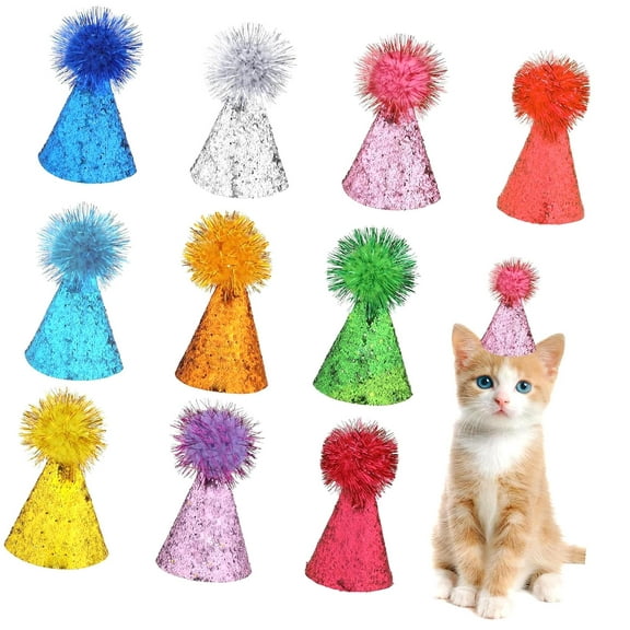 Hyjoy Mini Party Hats for Stuffed Animals, 10 PCS Colorful Birthday Hats Glitter Happy Birthday Cone Hats Birthday Party Top Hats with Pom Poms for