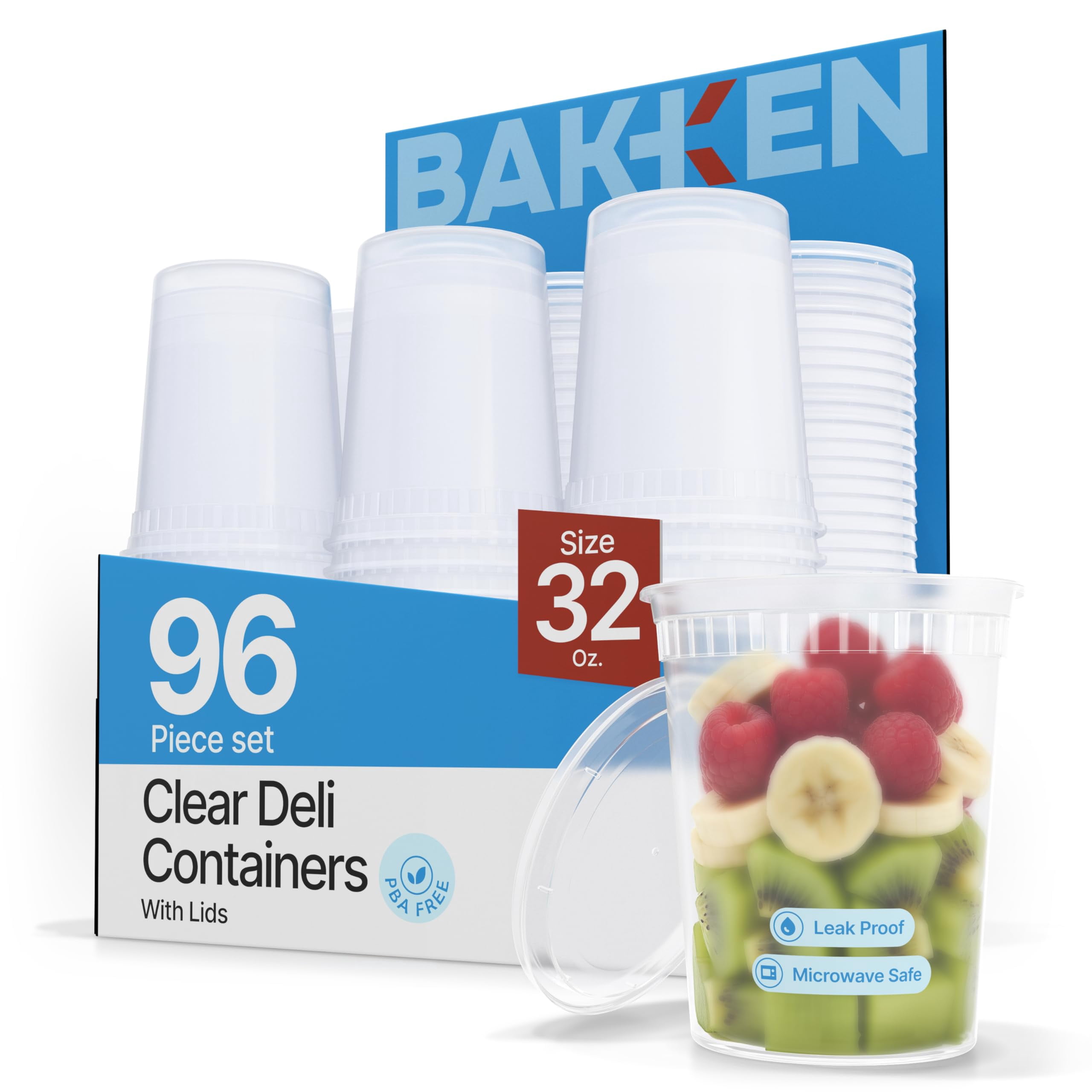 Bakken 32oz Plastic Deli Containers with Lids, Leak-Proof, Stackable, Microwave & Freezer Safe (96 Pack)