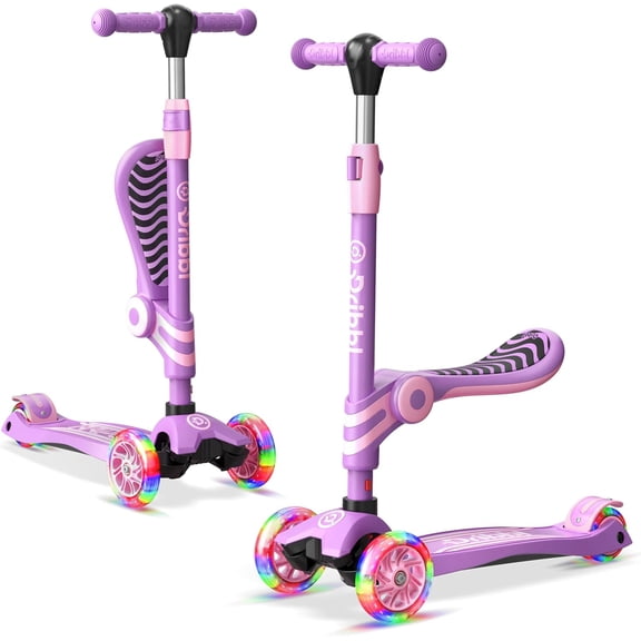 Dribbl 3-Wheel Kids Scooter with Seat, Light-Up Wheels, Adjustable Handlebar, Wide Deck & Rear Brake, Ages 2+