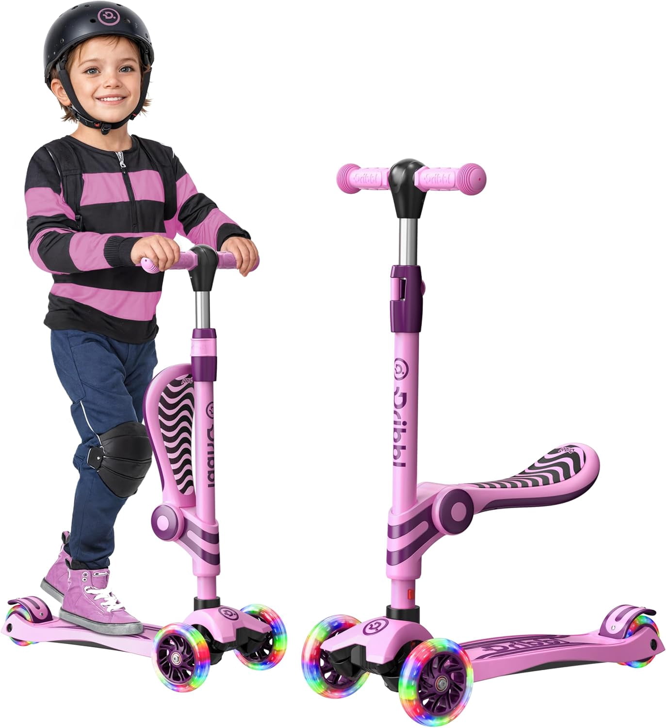 Dribbl 3-Wheel Kids Scooter with Seat, Light-Up Wheels, Adjustable Handlebar, Wide Deck & Rear Brake, Ages 2+