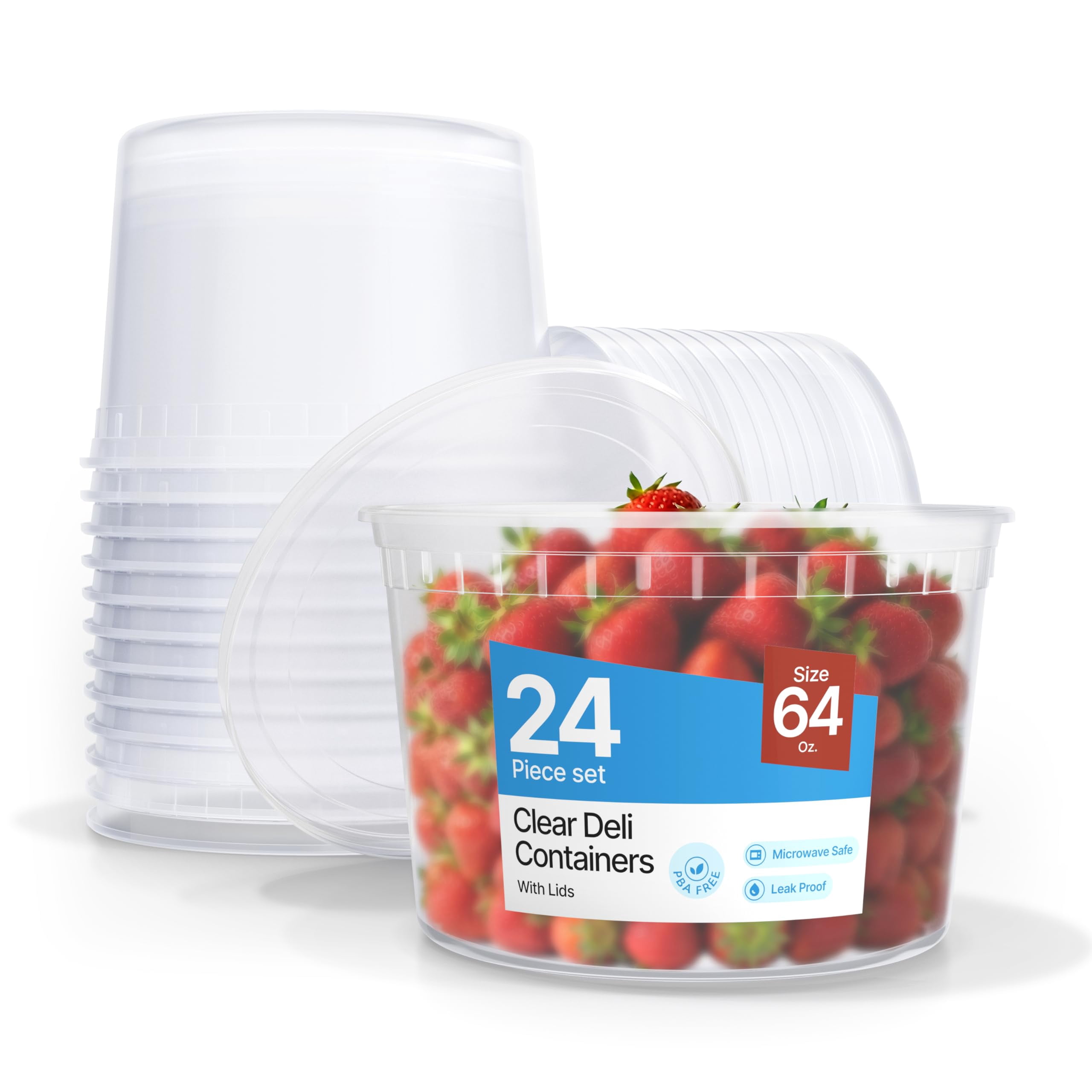 BAKKEN Plastic Deli Containers with Lids 64oz (24 Pack), Leak-Proof Food Storage for Soup, Meal Prep & Slime, Stackable, Freezer & Microwave Safe