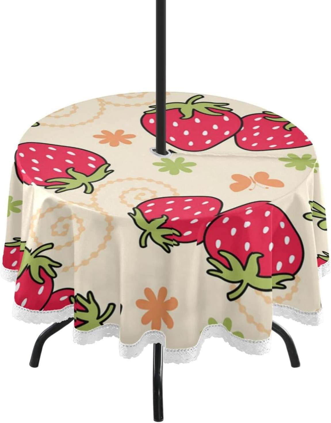 Hyjoy Strawberry Pattern 60 Inch Round Tablecloth with Zipper Umbrella