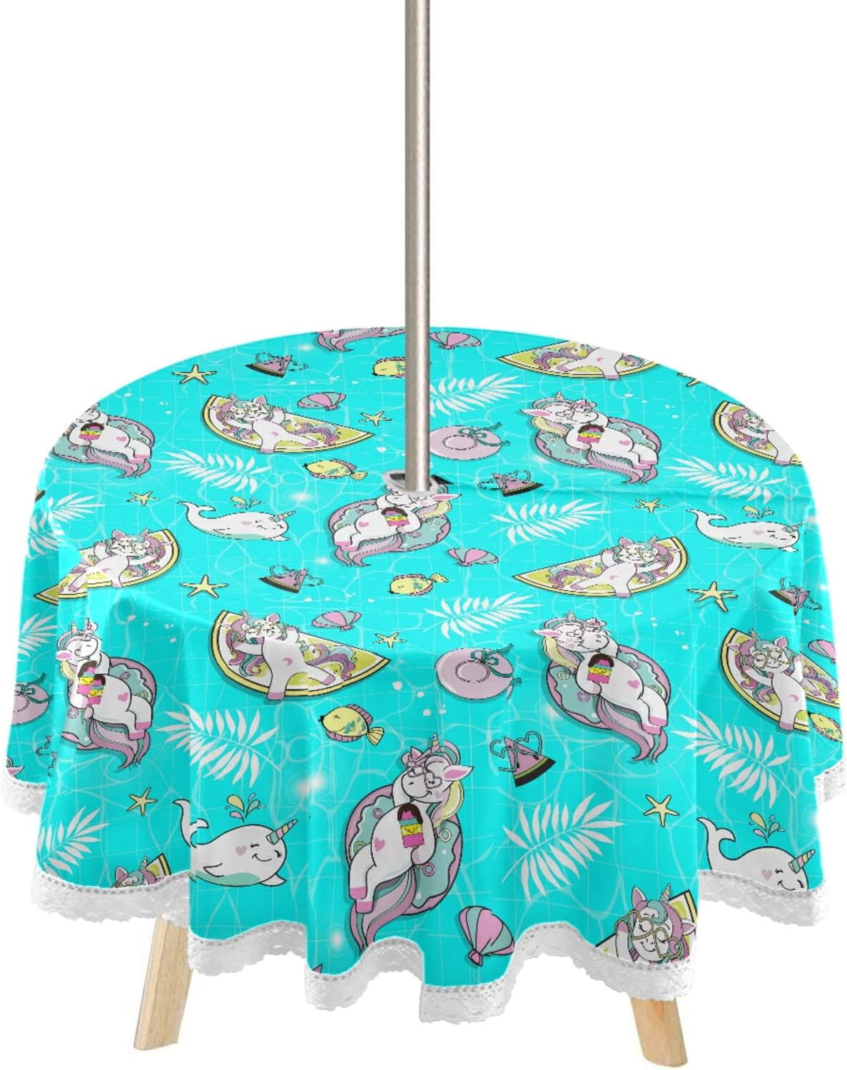Hyjoy Summer Unicorns Beach Outdoor Tablecloth with Umbrella Hole Round