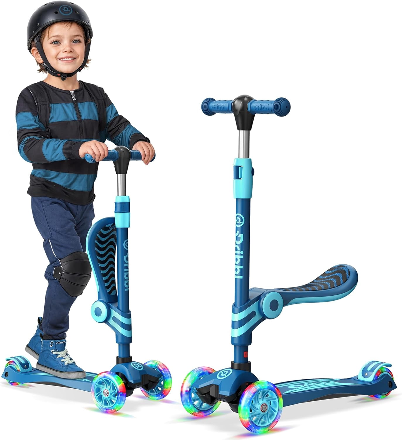 Dribbl 3-Wheel Kids Scooter with Seat, Light-Up Wheels, Adjustable Handlebar, Wide Deck & Rear Brake, Ages 2+