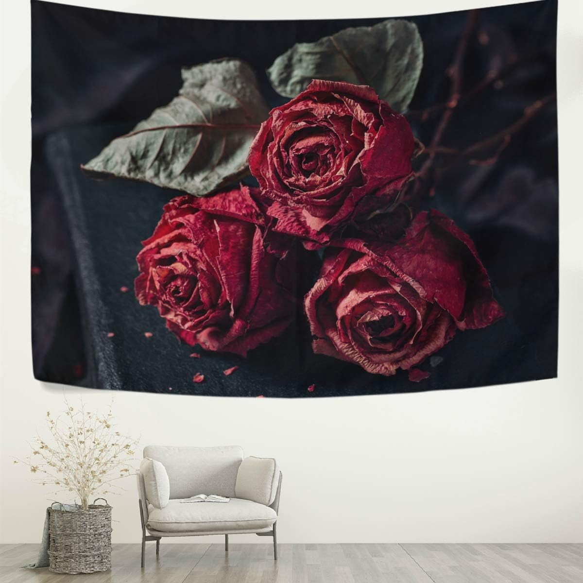 Hyjoy Tapestry Vintage Chic Flower Dry Red Roses Tapestry Wall Hanging