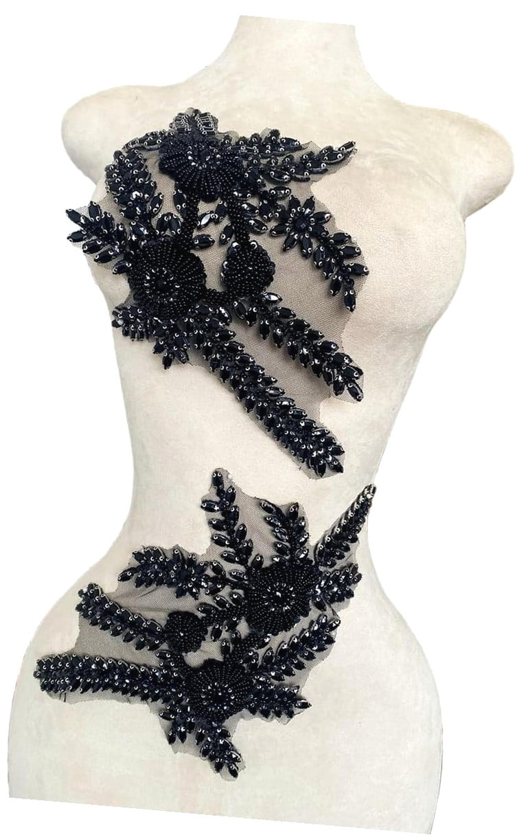 Handmade Beaded Crystal Lace Patches - 2-Piece DIY Applique Set For Dresses, Clothes & Crafts 1 thumbnail image