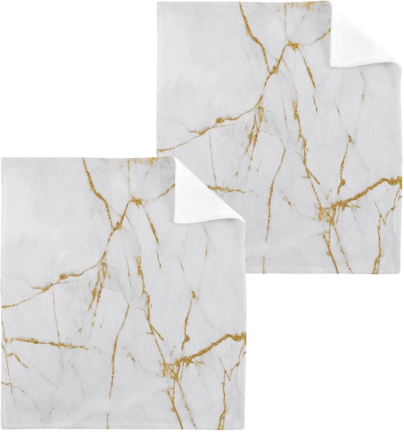 Hyjoy White Gold Marble Texture Washcloths, 2 Pack 12 X 12 Inches