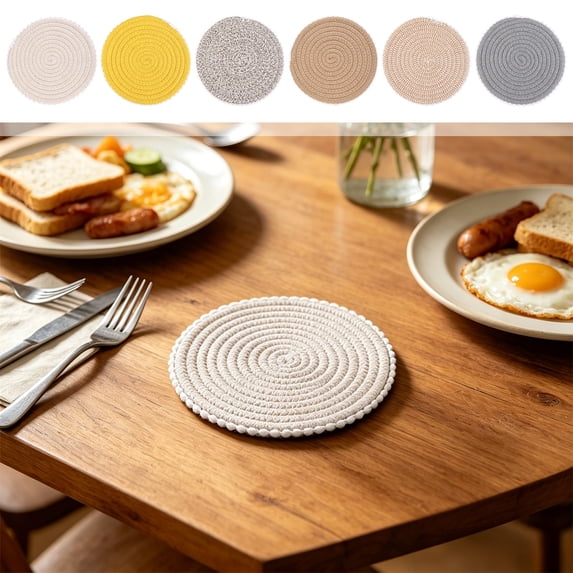 Hyknon 1 Pcs Round Cotton Placemats, 4.7 Inch Heat Resistant Non Slip Plate Chargers, Boho Farmhouse Rustic Woven Place Mats, Durable Rattan Wicker Table Mats with Ball Trims for Kitchen Dining Table
