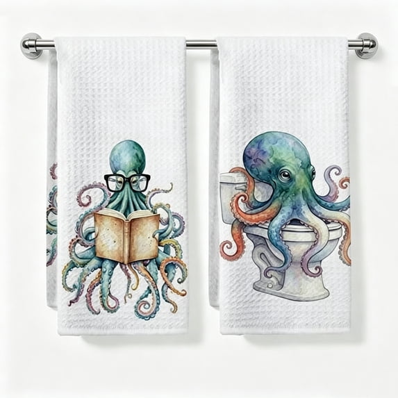 Hyknon 2 Pack Octopus Hand Towels, Soft Absorbent Face Towel, Quick Dry, Lightweight, Spring Farmhouse Decor for Kitchen Bathroom Gift Supplies, 15.7x23.6 Inch