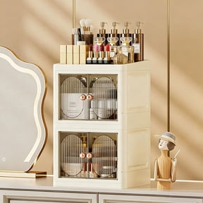 Hyknon 2-Tier Stackable Makeup Organizer, Large Capacity Cosmetic Storage Box with Cover, Toiletries Organizer with 4 Drawers, Cosmetic Display Case for Vanity Bathroom Countertop Bedroom Dresser