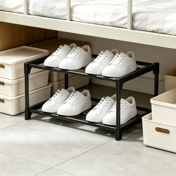 Hyknon 2 Tiers Shoe Storage Rack, Shoe Rack Organizer for Closet, Stackable Boot Rack Storage Narrow Boot Display Shelf, Free Standing Shoe Rack Shelf for Entryway Stackable DIY Shoe Holder, Black