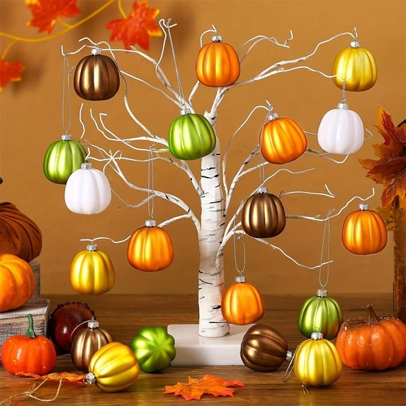 Hyknon 20 Pcs Fall Pumpkin Tree Ornaments, Mini Pumpkin Hanging Balls Decor, Orange White Brown Green Yellow Fall Pumpkin Balls, Reusable Decor for Halloween Thanksgiving Harvest Autumn Home Party