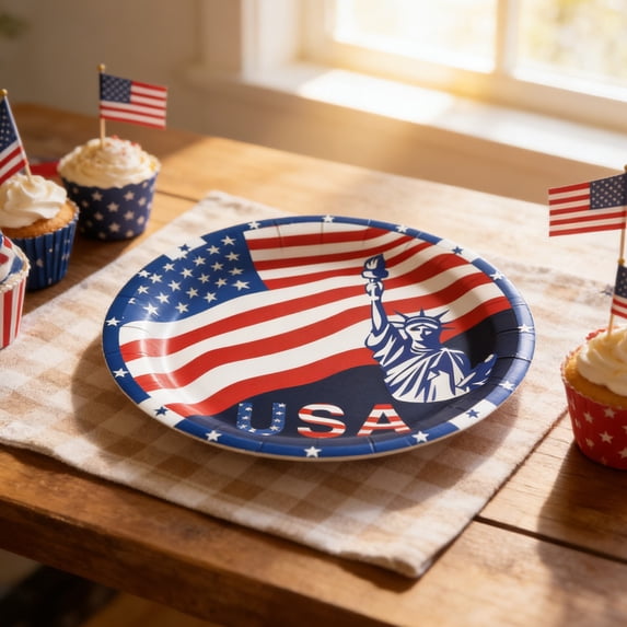 Hyknon 20pcs 4th of July Plates Party Favors Supplies Patriotic American Flag Paper Dessert Plates Disposable Dinnerware Sets for 250th Anniversary Memorial Day Dinig Kitchen